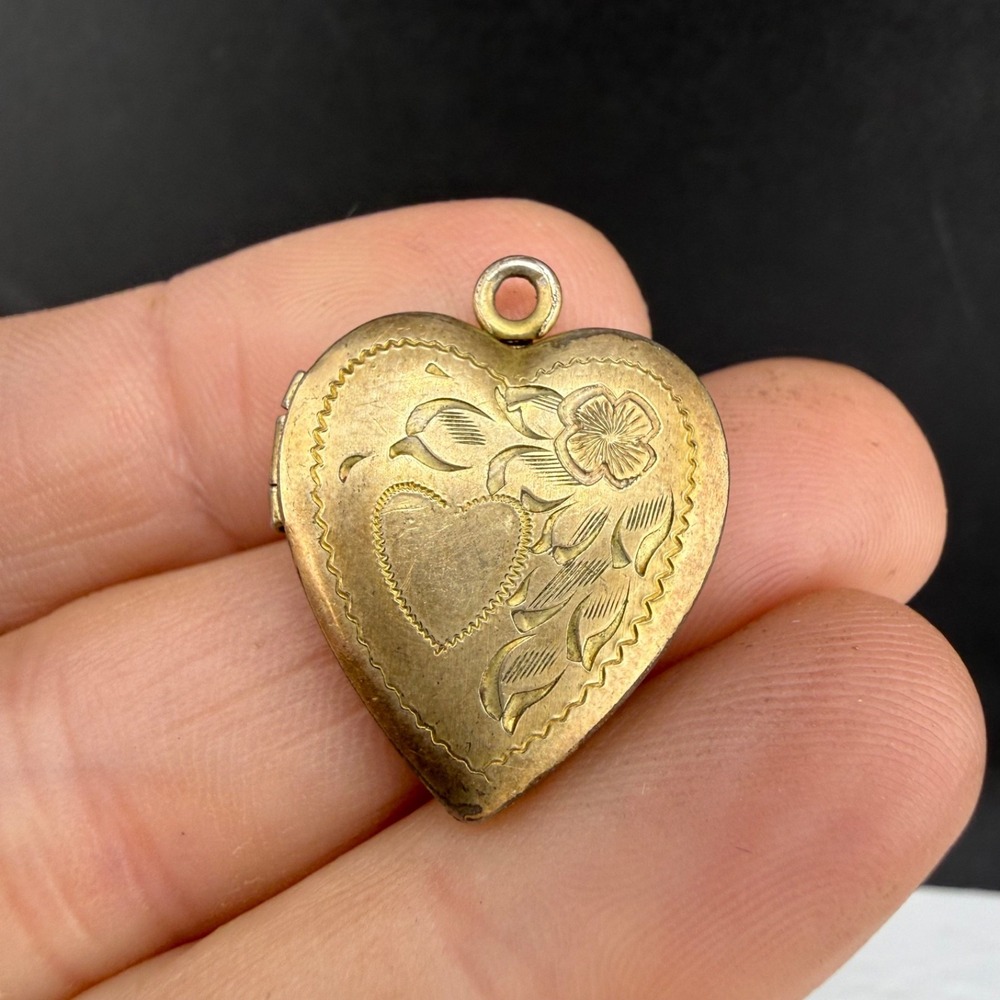 Vintage Estate Heart Locket Gold Vermeil Engraved Bird Flower Sterling Silver
